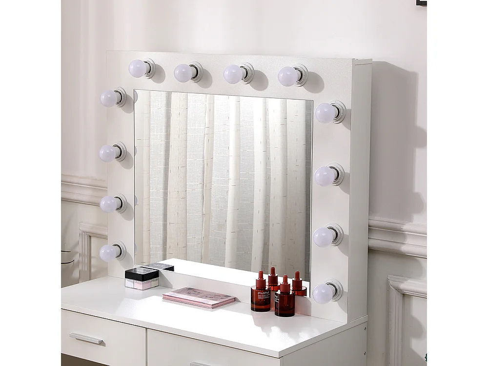 White Dressing Table Set with 12-Light Hollywood Mirror and Stool