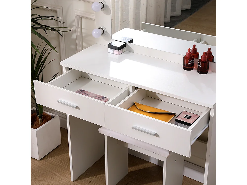 White Dressing Table Set with 12-Light Hollywood Mirror and Stool
