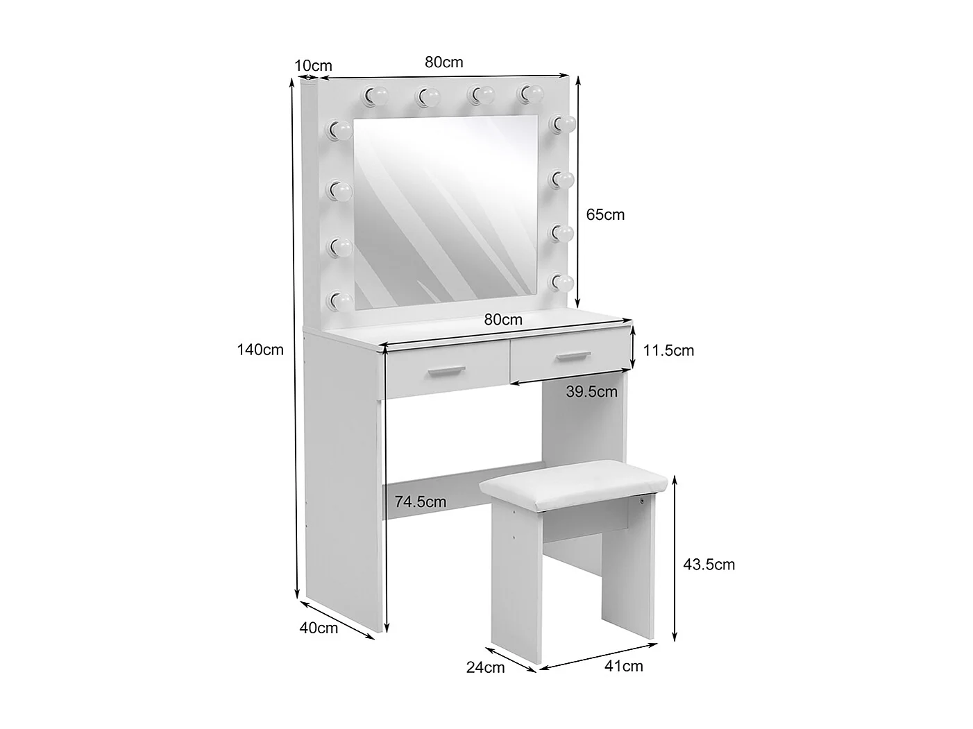 White Dressing Table Set with 12-Light Hollywood Mirror and Stool