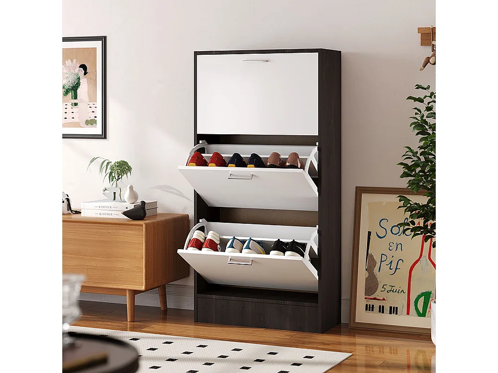 3-Tier Wooden Shoe Rack with Flip-Down Drawers