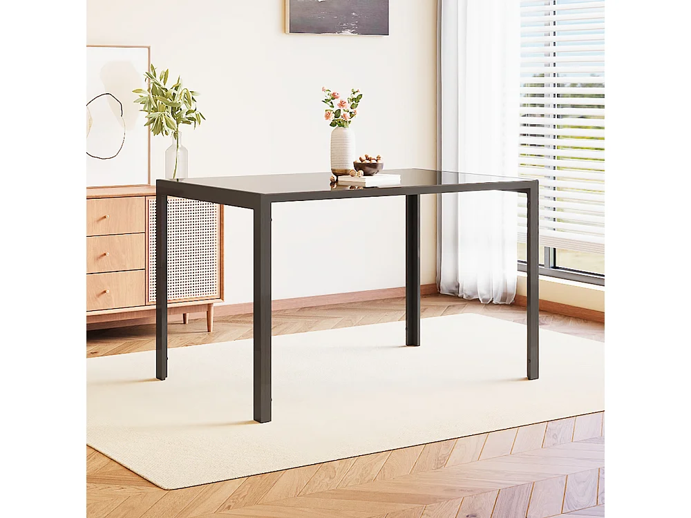 4-Seater Black Glass Dining Table with Metal Frame