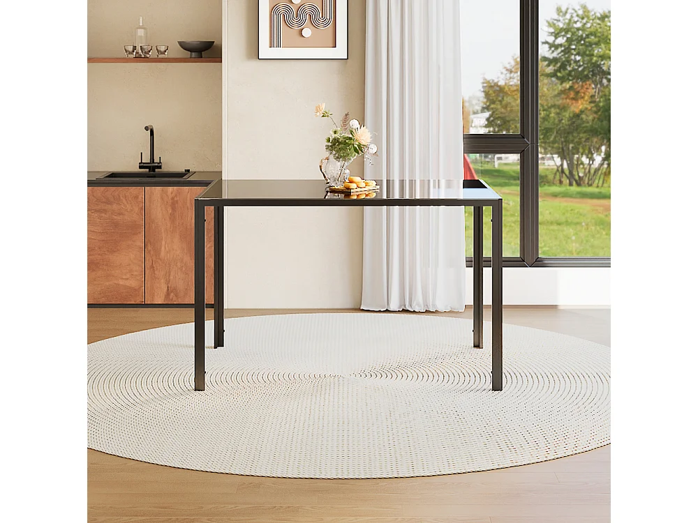4-Seater Black Glass Dining Table with Metal Frame