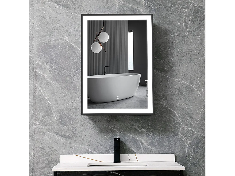 Black Rectangular LED Mirror Cabinet with Adjustable Lighting