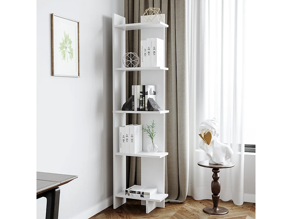 White Modern 5-Tier Corner Bookshelf