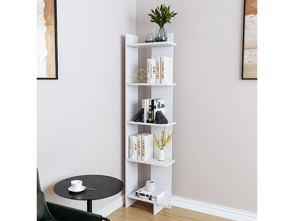 White Modern 5-Tier Corner Bookshelf