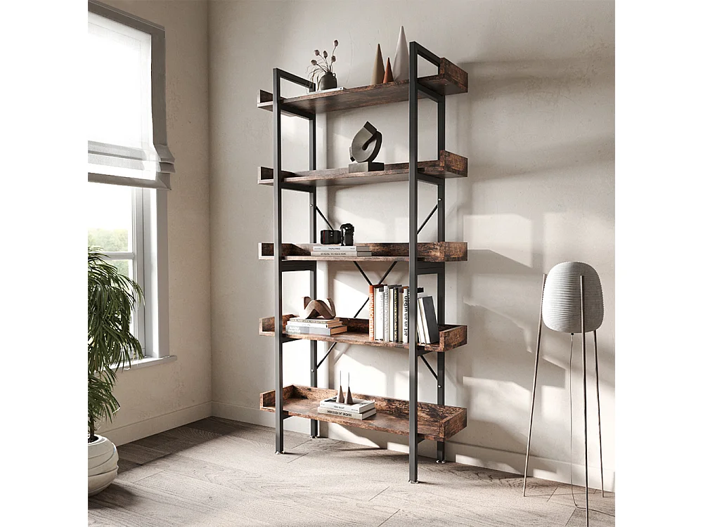 Brown Industrial 5-Tier Metal & Wood Shelving Unit