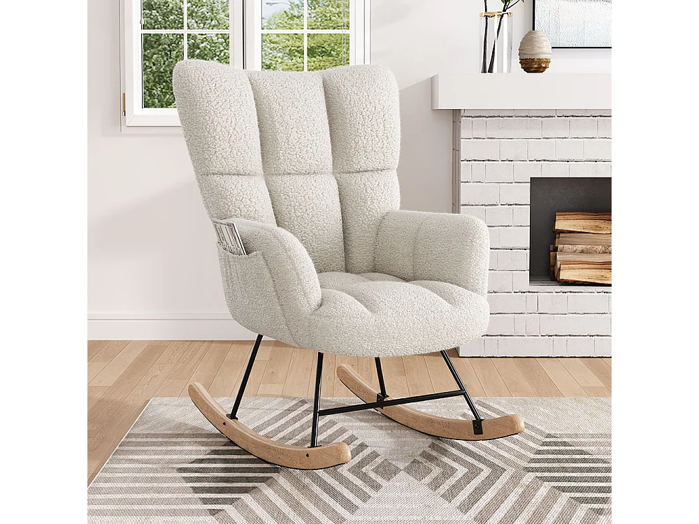 White Sherpa Rocking Chair with Rubberwood Runners
