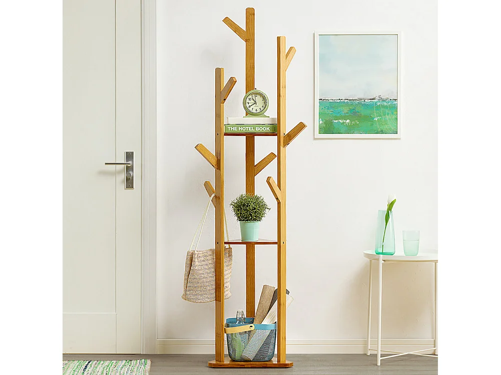 Brown Bamboo Coat Hanger with 3-Tier Shelves and Hooks