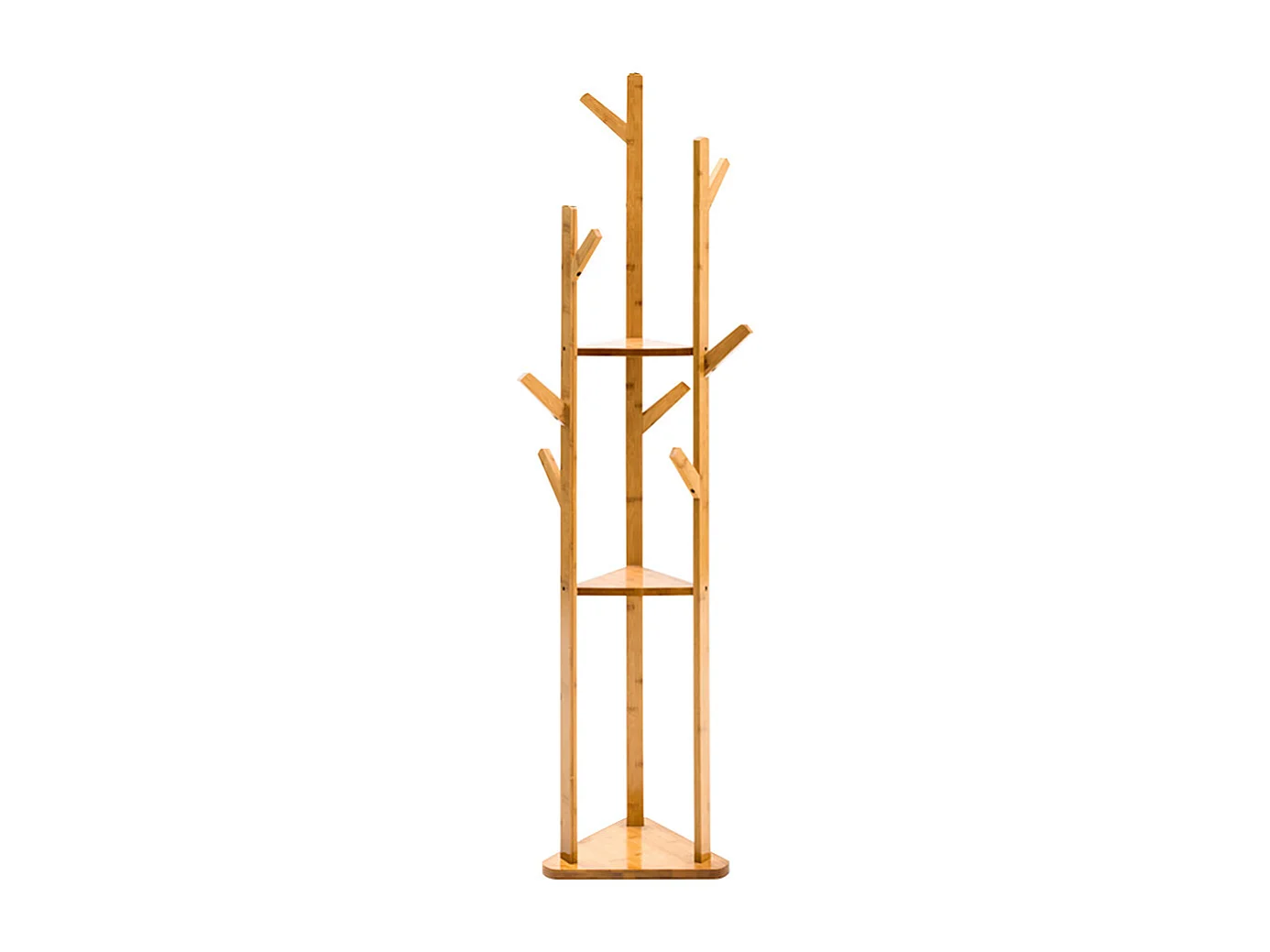 Brown Bamboo Coat Hanger with 3-Tier Shelves and Hooks