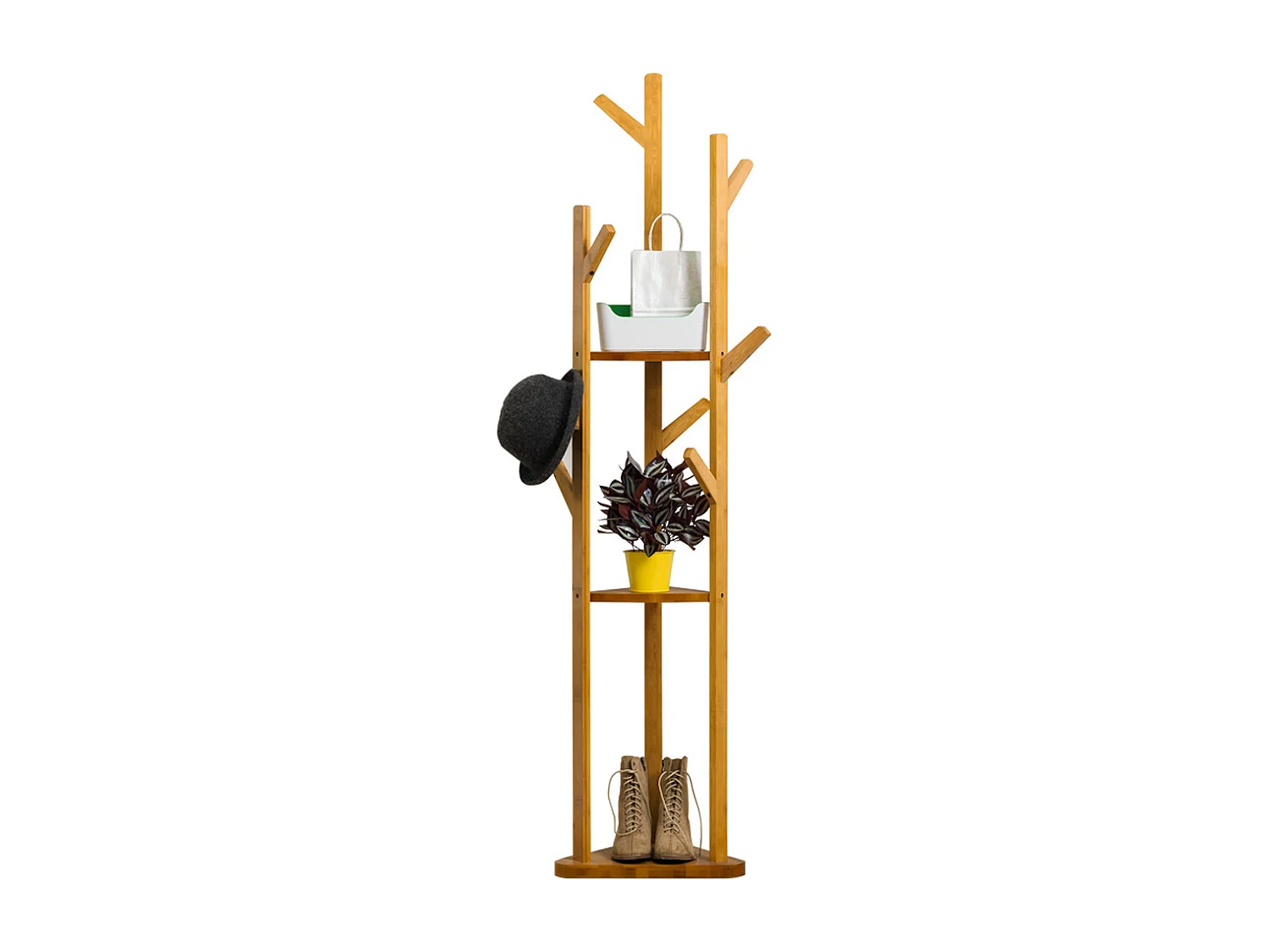 Brown Bamboo Coat Hanger with 3-Tier Shelves and Hooks