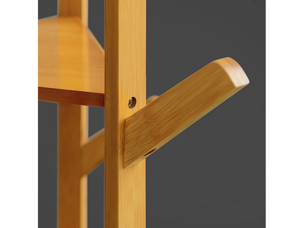 Brown Bamboo Coat Hanger with 3-Tier Shelves and Hooks