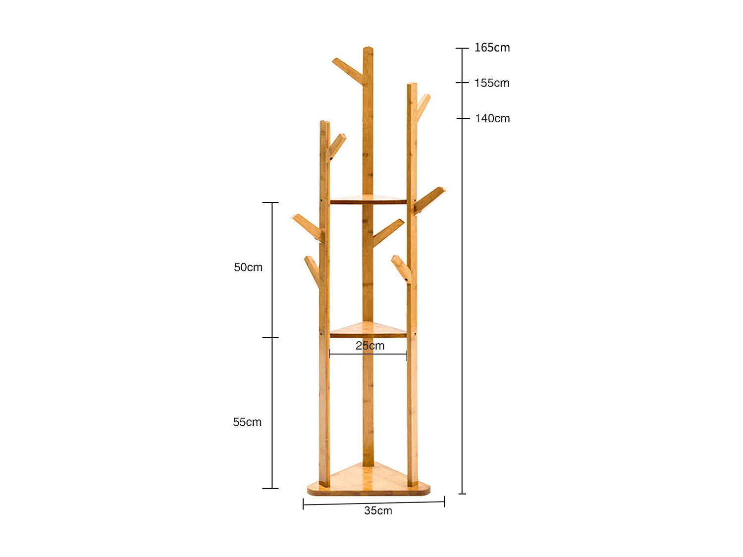 Brown Bamboo Coat Hanger with 3-Tier Shelves and Hooks
