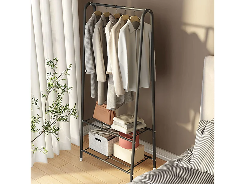 Black Freestanding Metal Clothes Rack with 2 Shelves