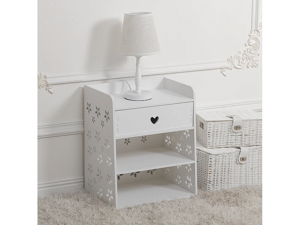 2-Tier White Bedside Table with Hollow Flower Design