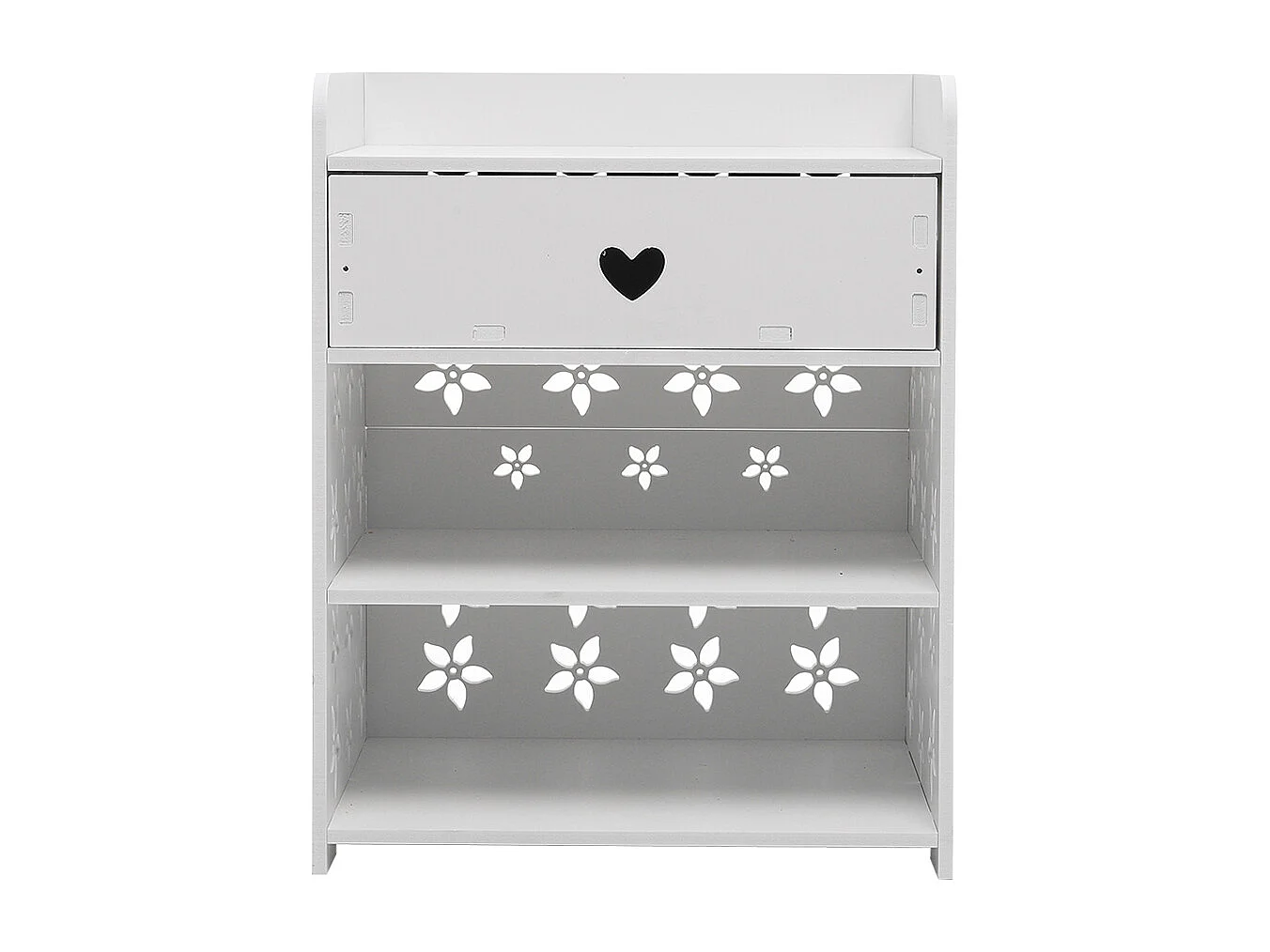 2-Tier White Bedside Table with Hollow Flower Design