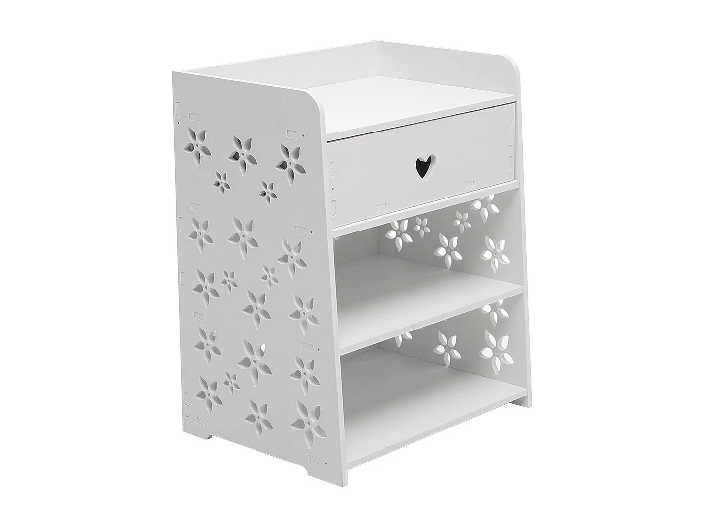 2-Tier White Bedside Table with Hollow Flower Design