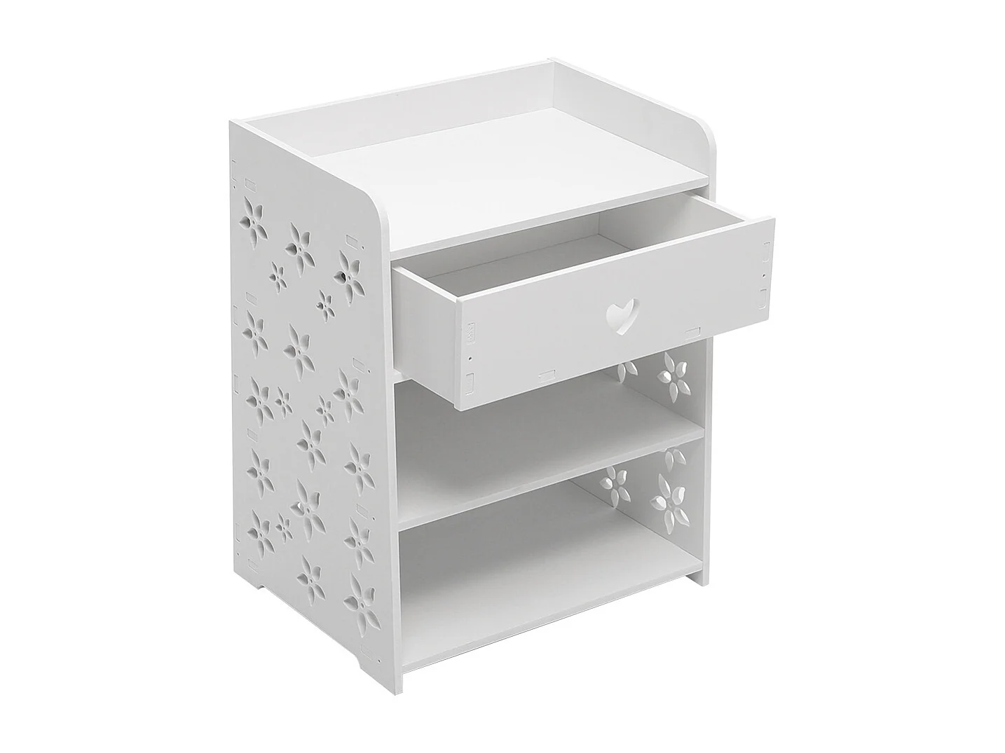 2-Tier White Bedside Table with Hollow Flower Design