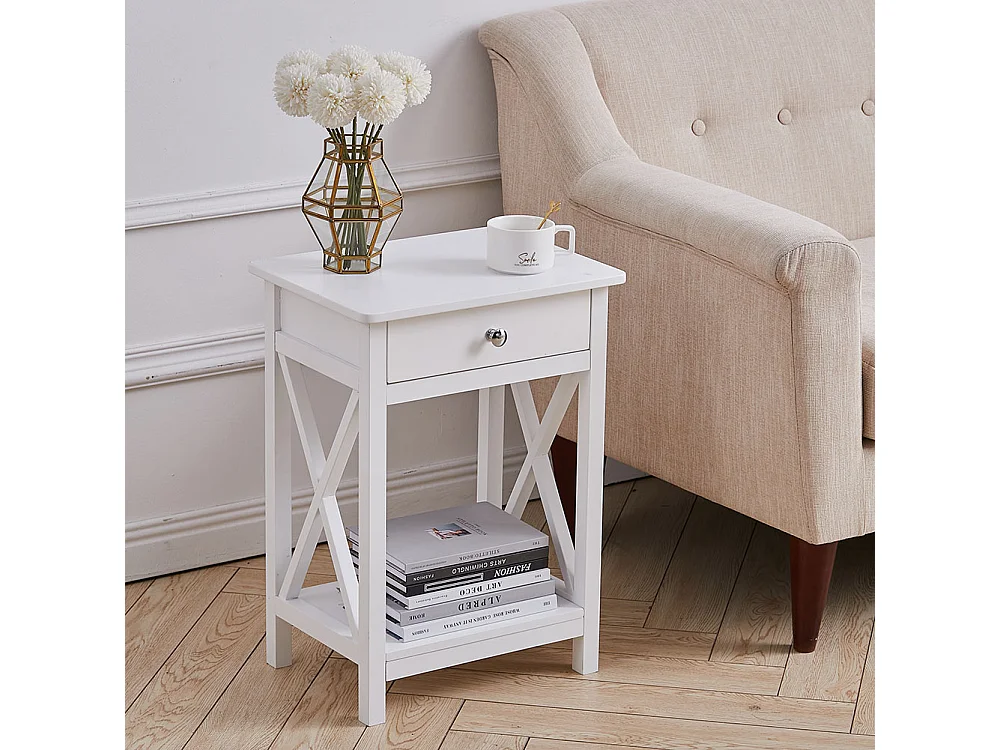 White Vintage Nightstand with X-Shaped Frame and Drawer