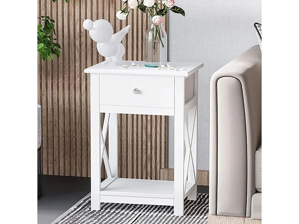 White Vintage Nightstand with X-Shaped Frame and Drawer