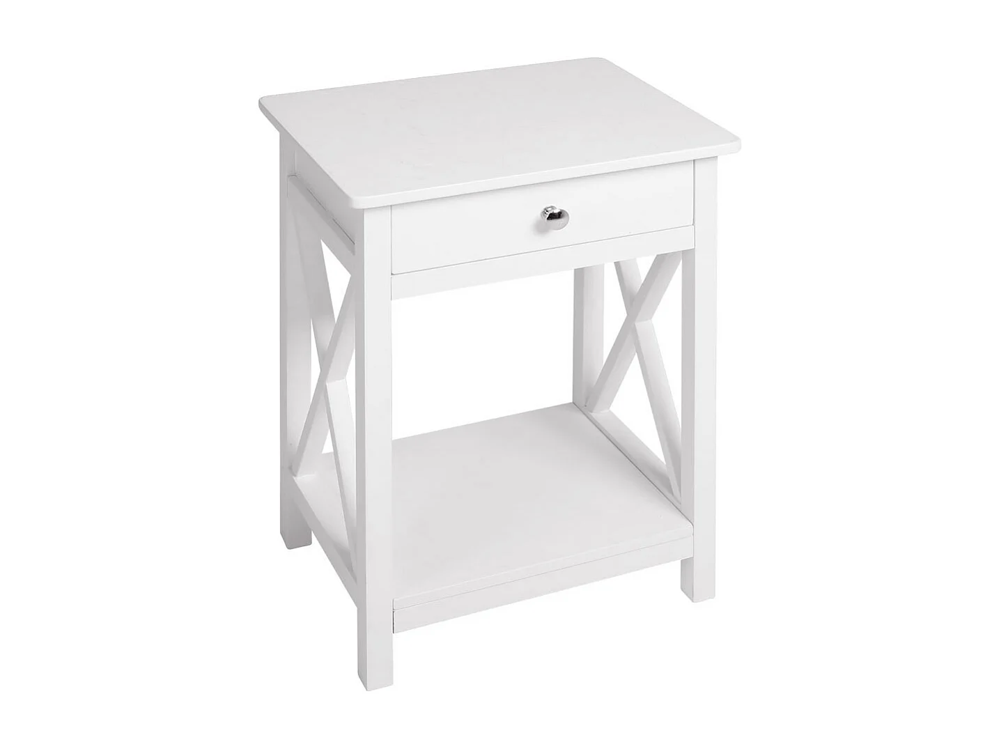 White Vintage Nightstand with X-Shaped Frame and Drawer