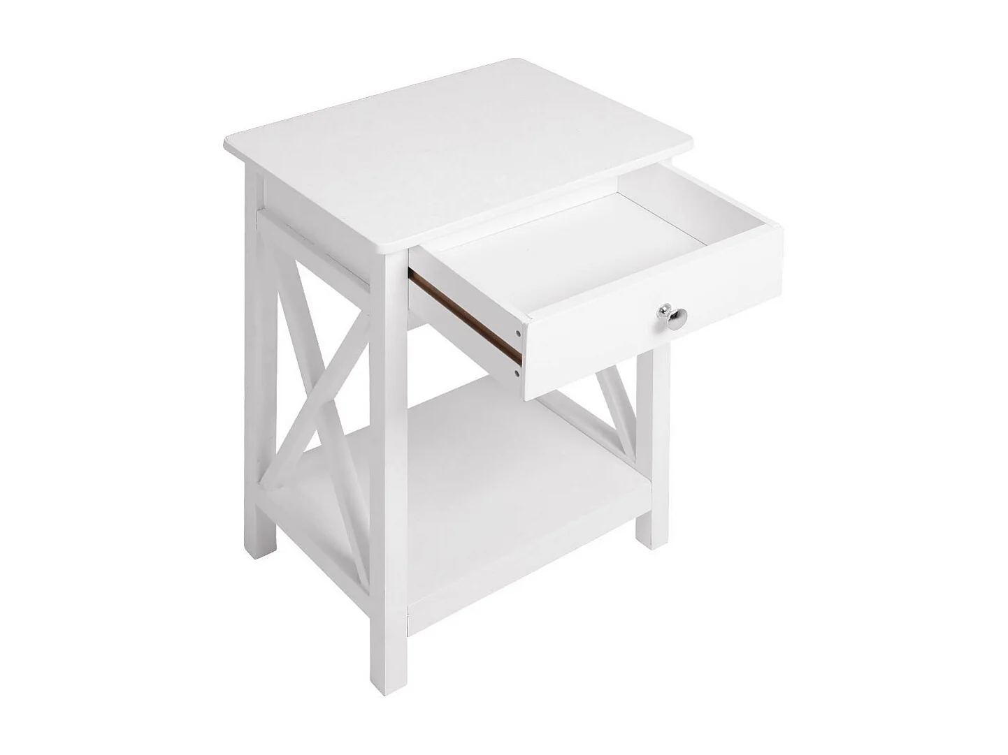 White Vintage Nightstand with X-Shaped Frame and Drawer