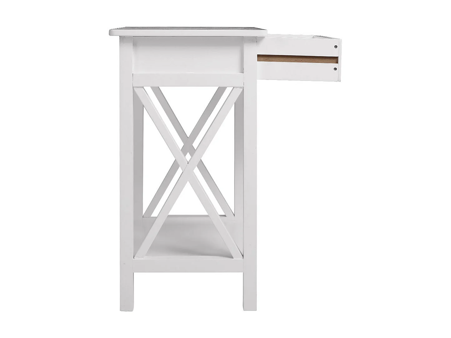 White Vintage Nightstand with X-Shaped Frame and Drawer