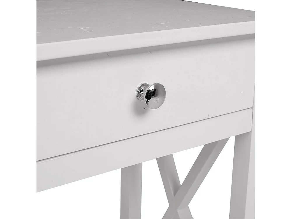 White Vintage Nightstand with X-Shaped Frame and Drawer
