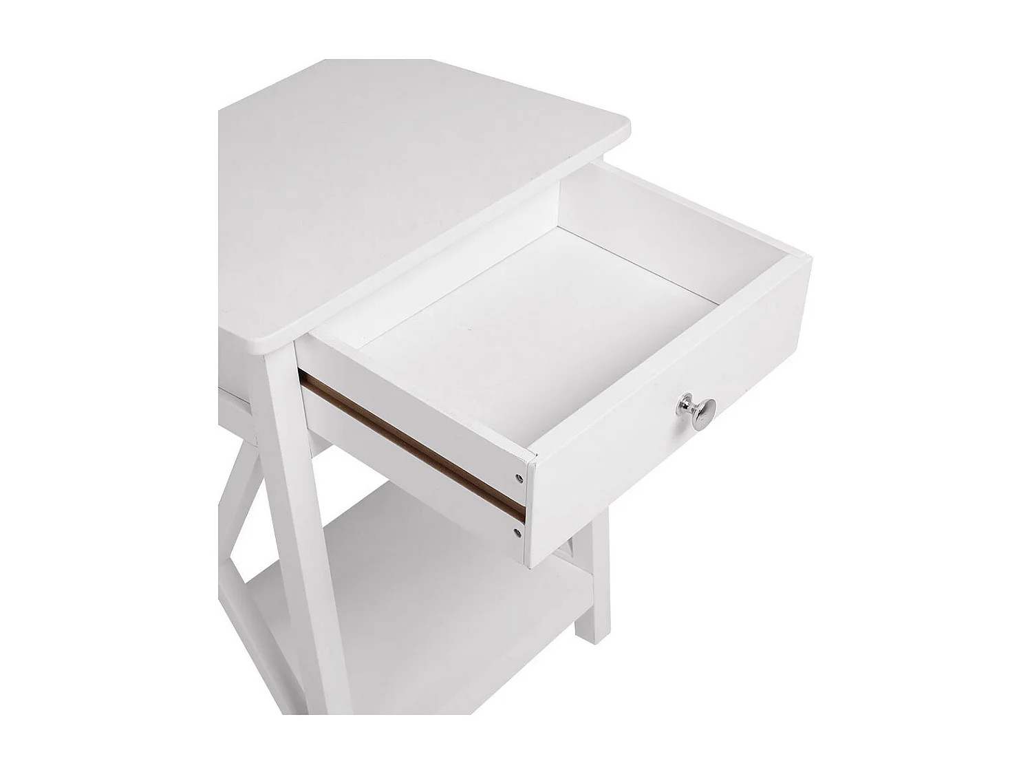 White Vintage Nightstand with X-Shaped Frame and Drawer