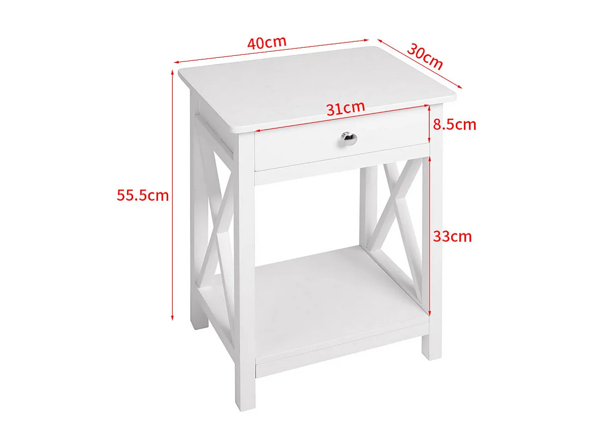 White Vintage Nightstand with X-Shaped Frame and Drawer