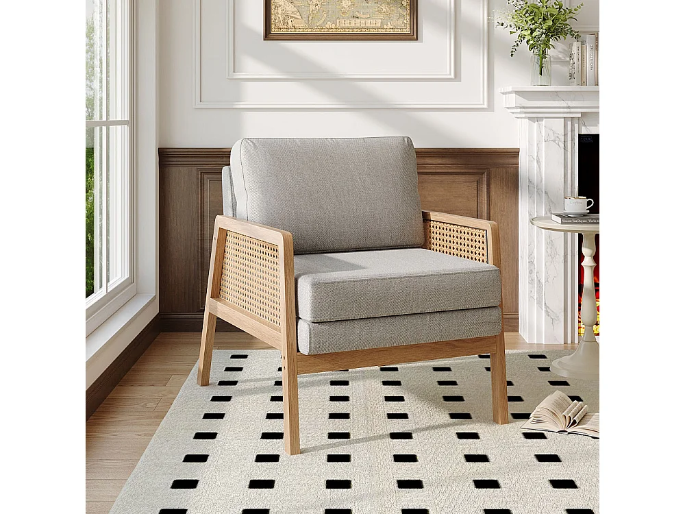 Cushioned Wooden Armchair with Caned Sides - Light Grey