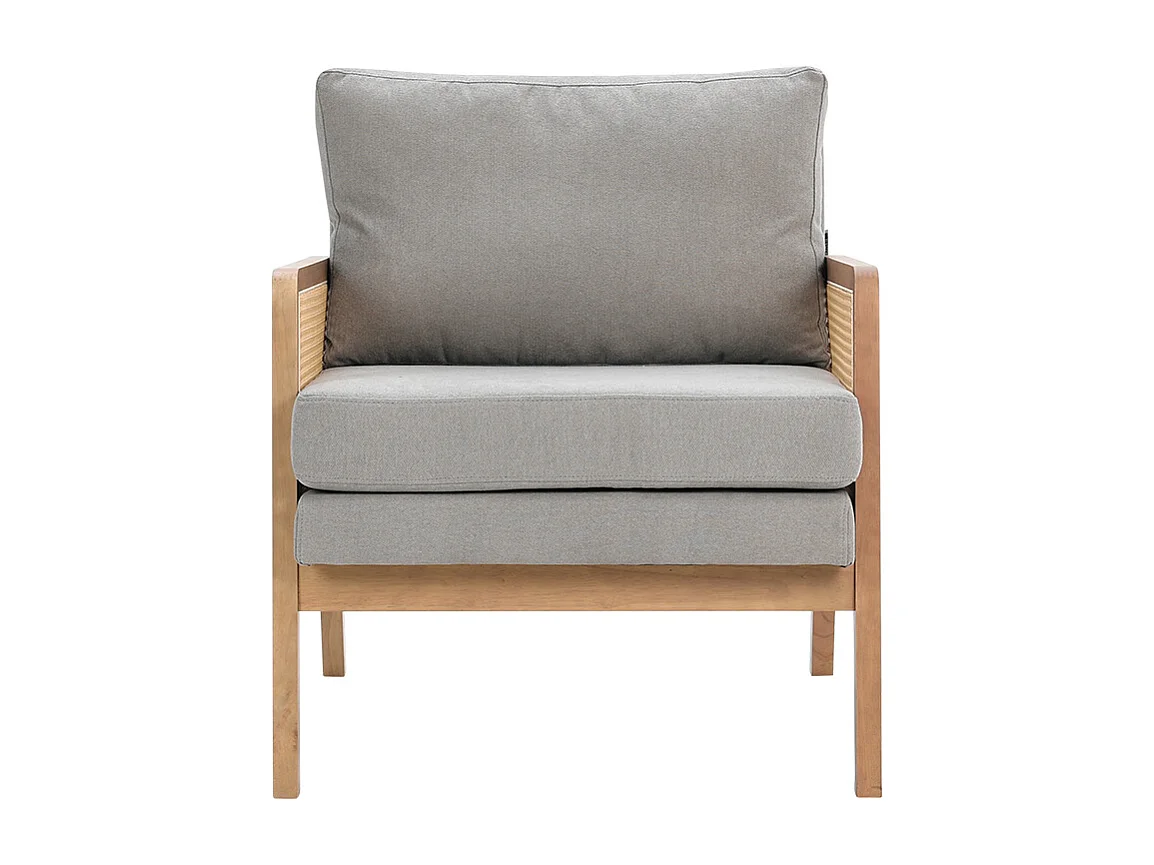 Cushioned Wooden Armchair with Caned Sides - Light Grey