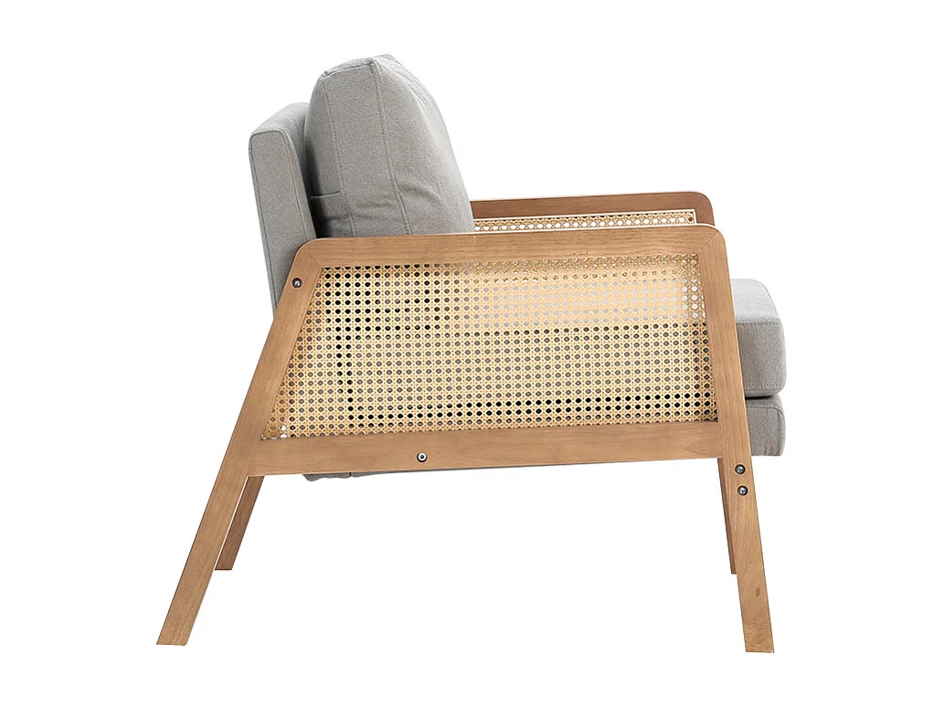 Cushioned Wooden Armchair with Caned Sides - Light Grey