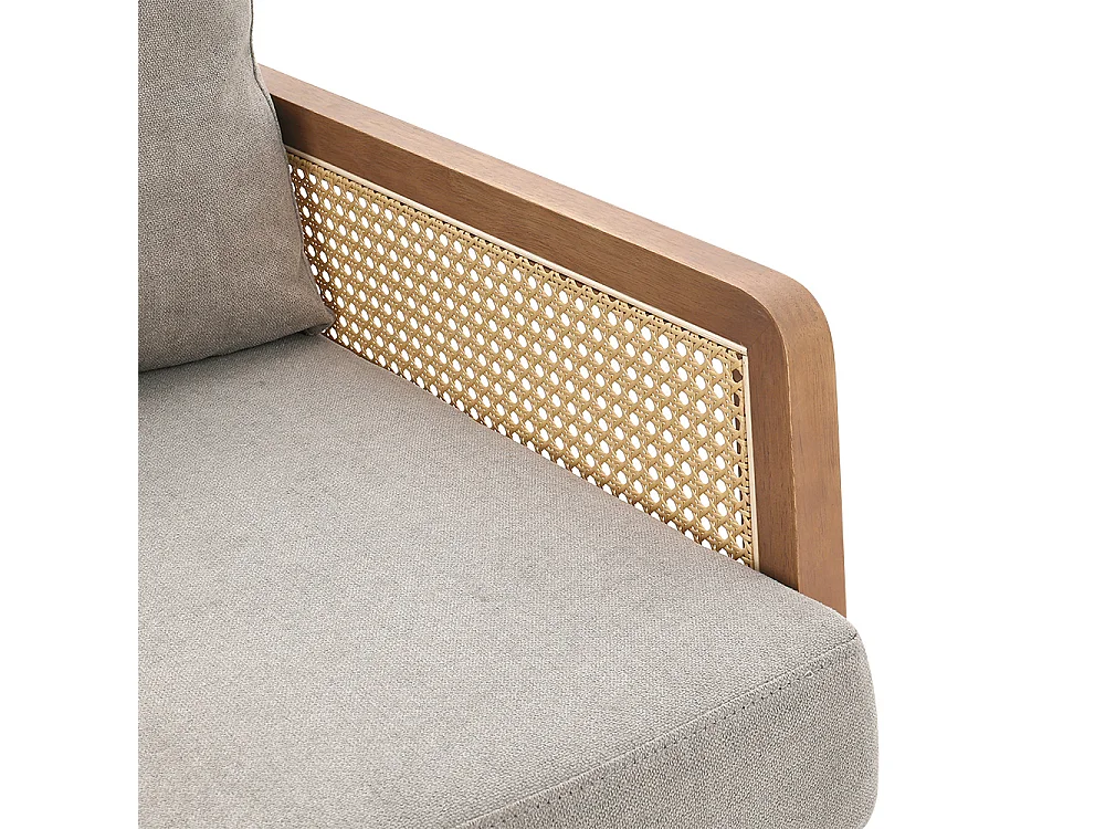 Cushioned Wooden Armchair with Caned Sides - Light Grey