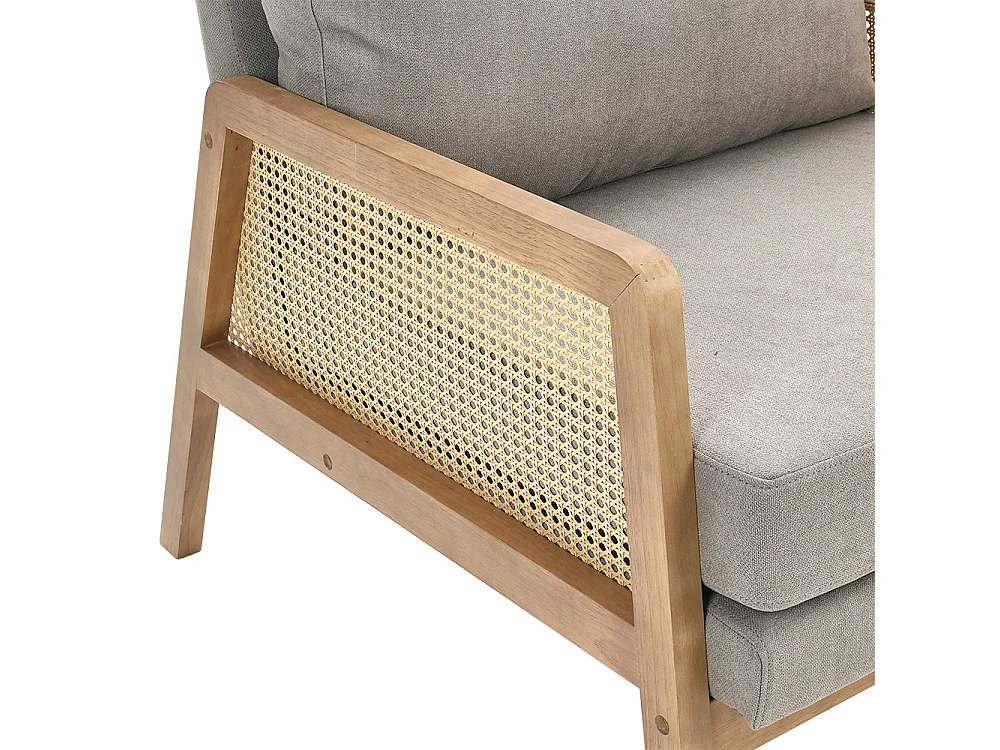 Cushioned Wooden Armchair with Caned Sides - Light Grey