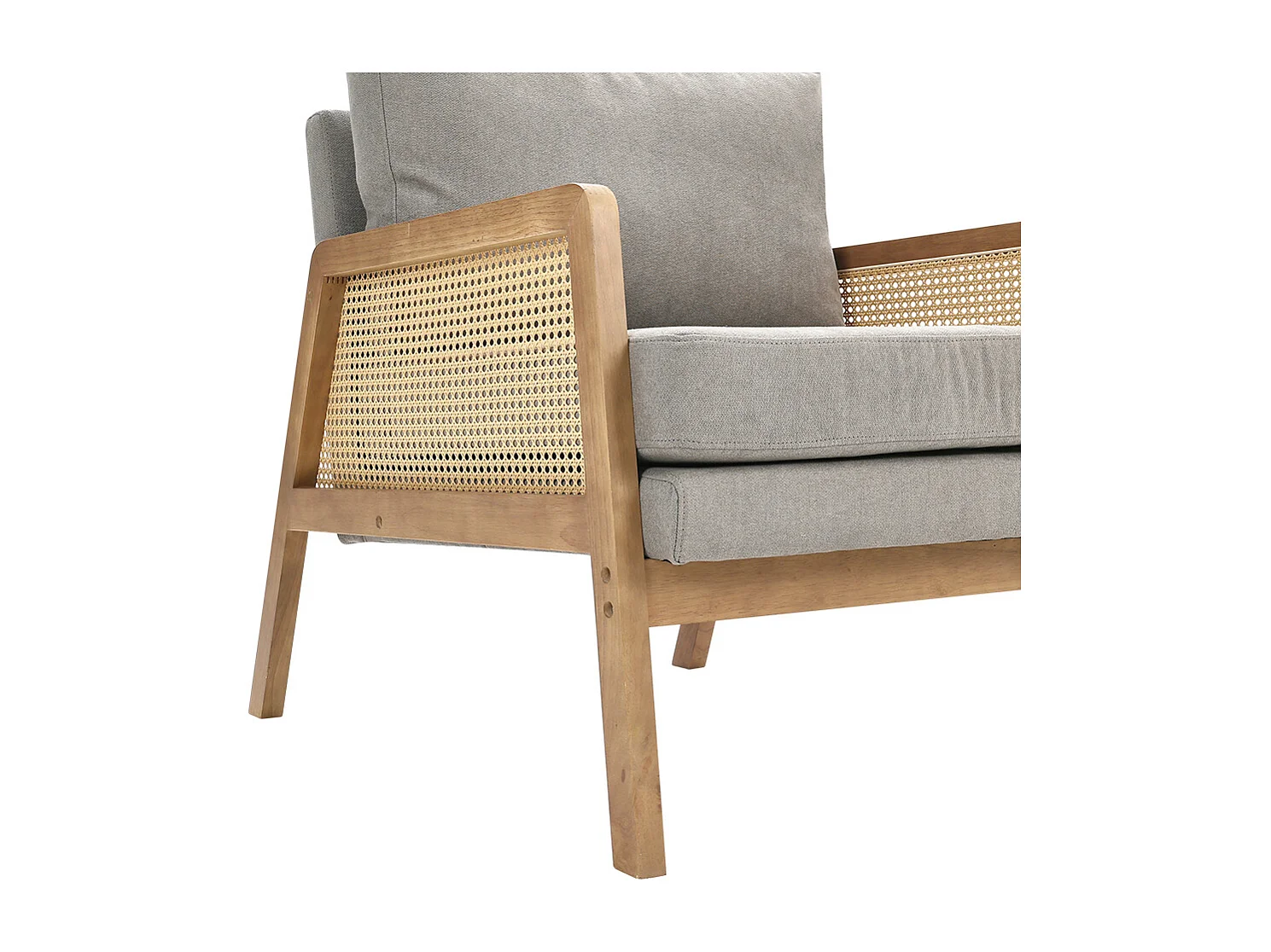 Cushioned Wooden Armchair with Caned Sides - Light Grey