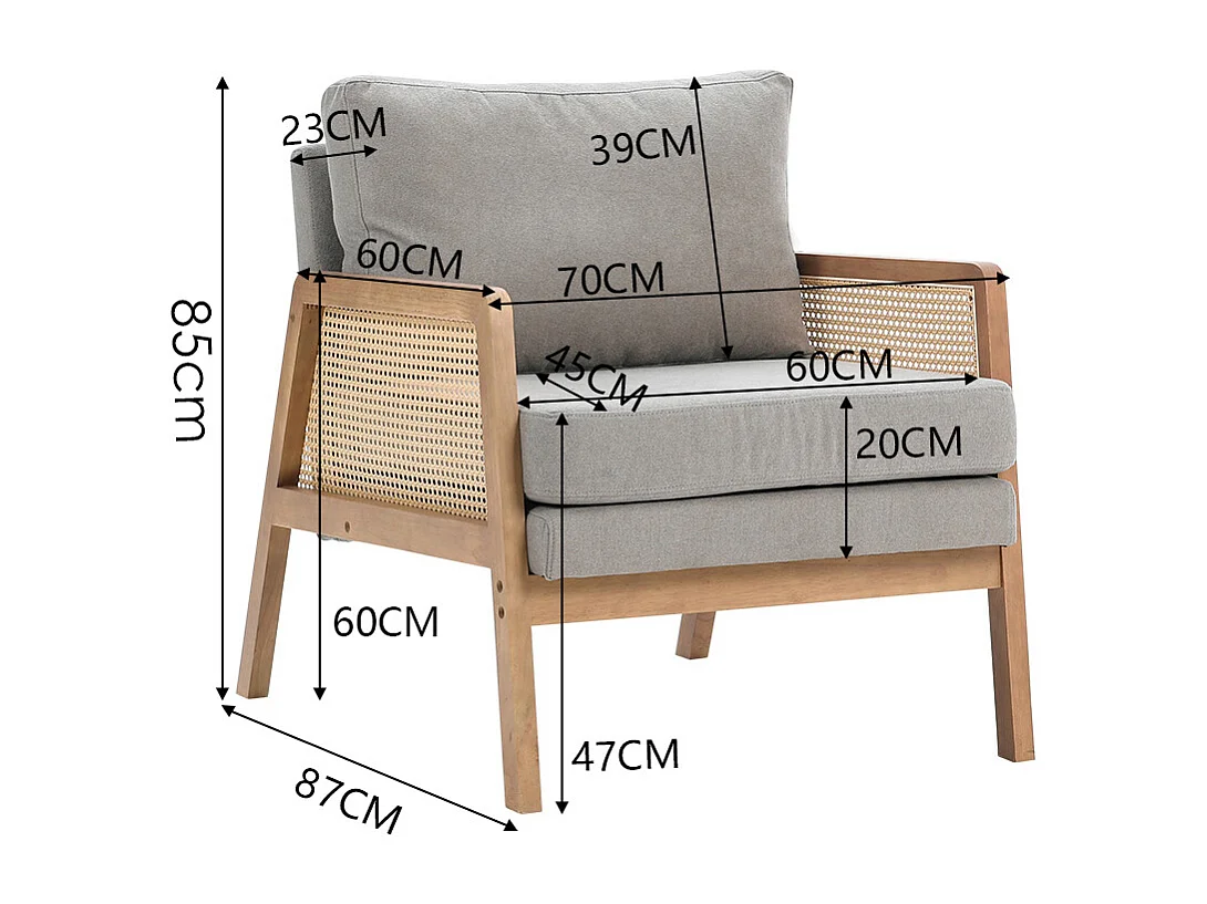 Cushioned Wooden Armchair with Caned Sides - Light Grey