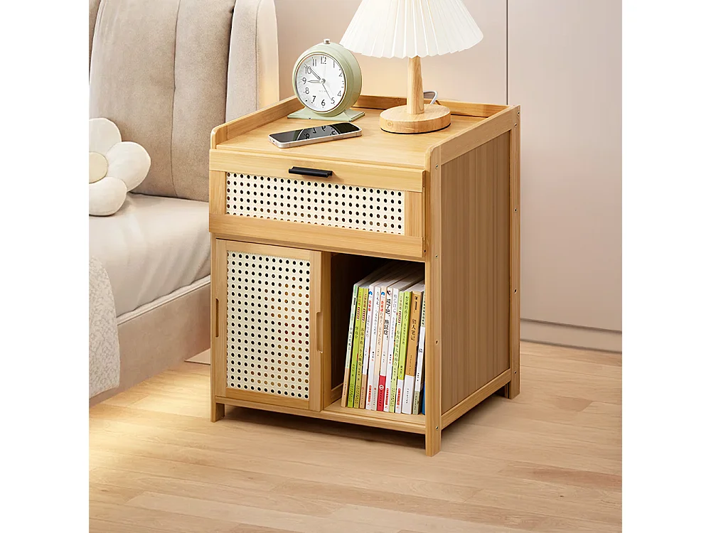 Natural Solid Wood Nightstand with Drawer and Sliding Door