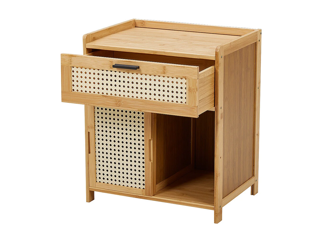 Natural Solid Wood Nightstand with Drawer and Sliding Door