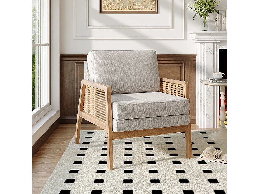 Cushioned Wooden Armchair with Caned Sides - Beige
