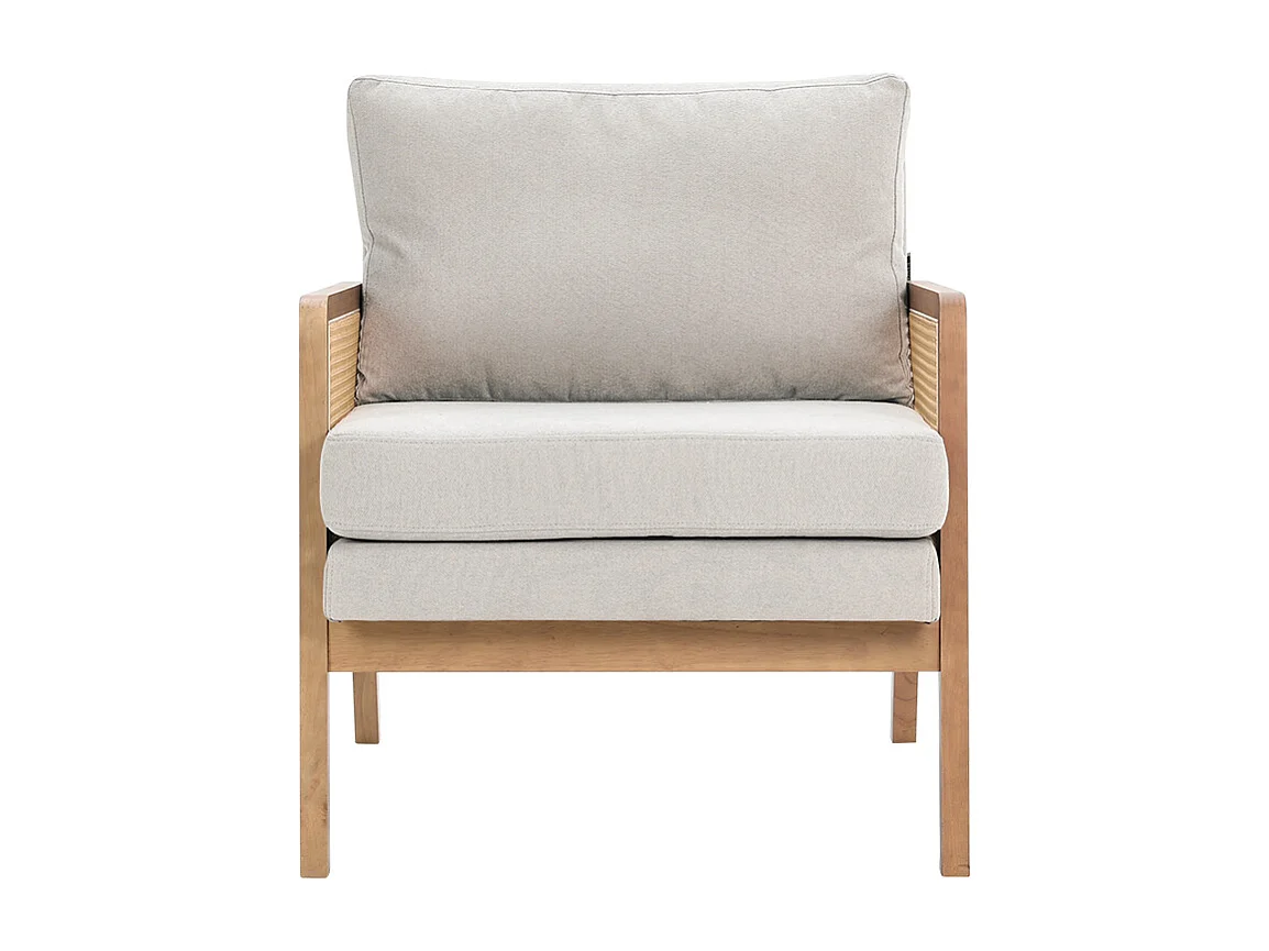 Cushioned Wooden Armchair with Caned Sides - Beige