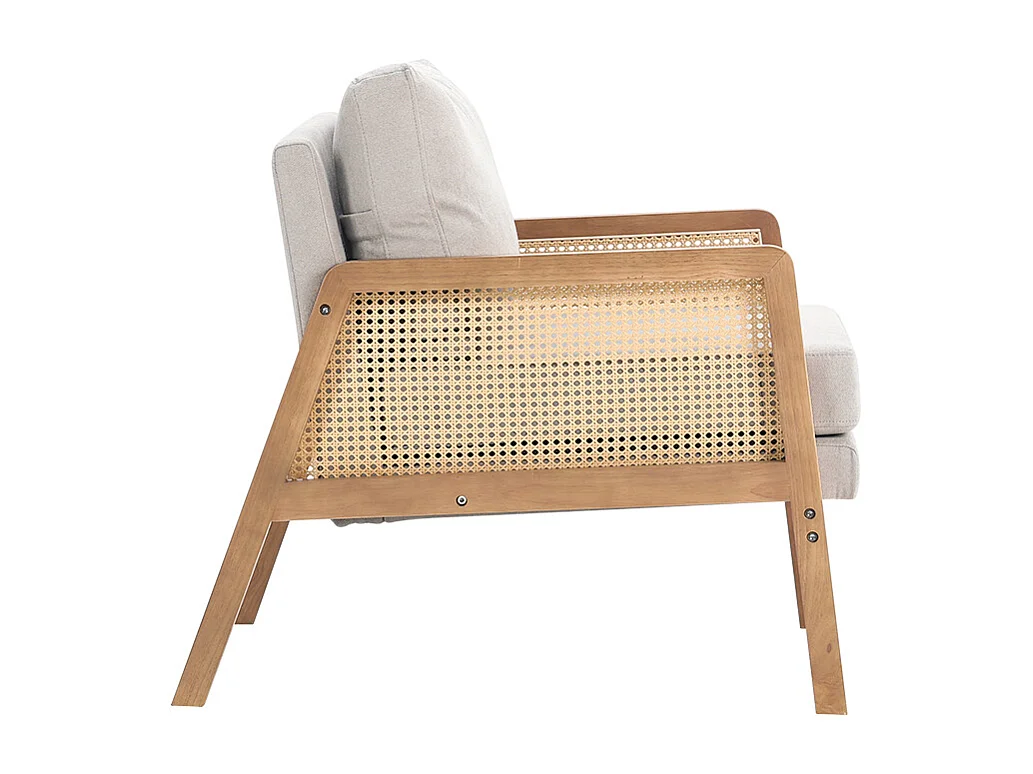 Cushioned Wooden Armchair with Caned Sides - Beige