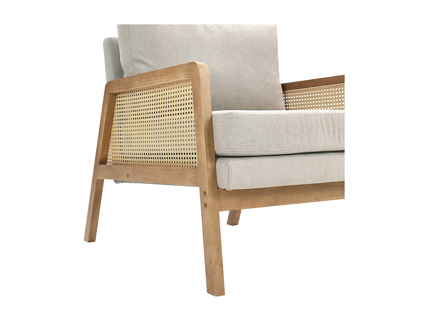 Cushioned Wooden Armchair with Caned Sides - Beige