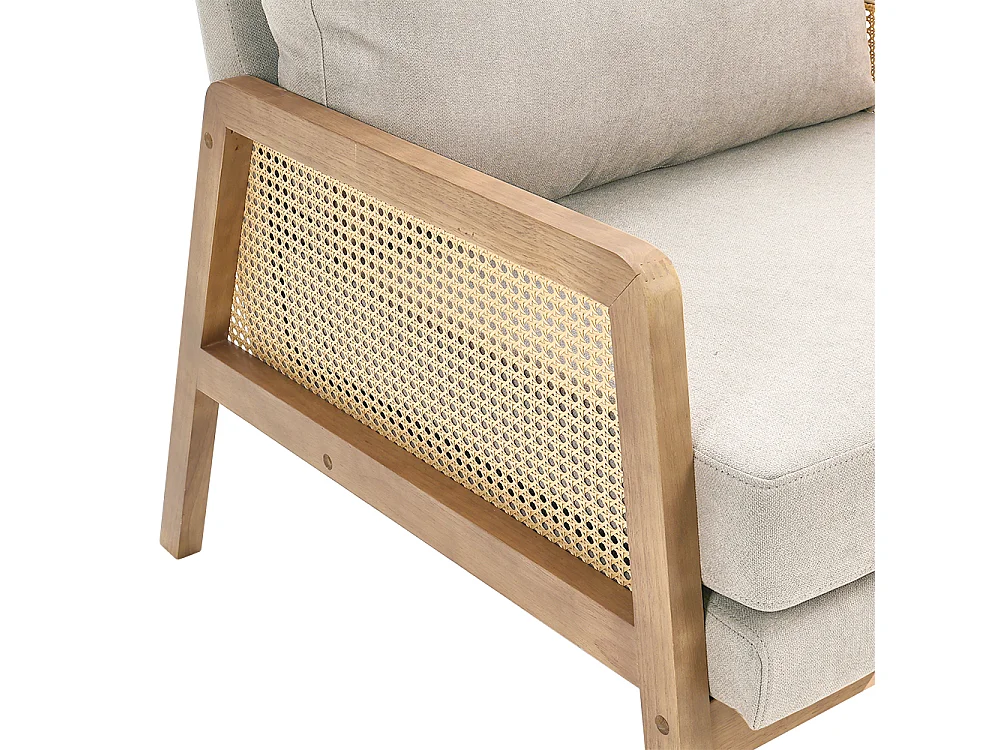 Cushioned Wooden Armchair with Caned Sides - Beige