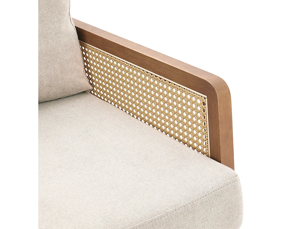 Cushioned Wooden Armchair with Caned Sides - Beige