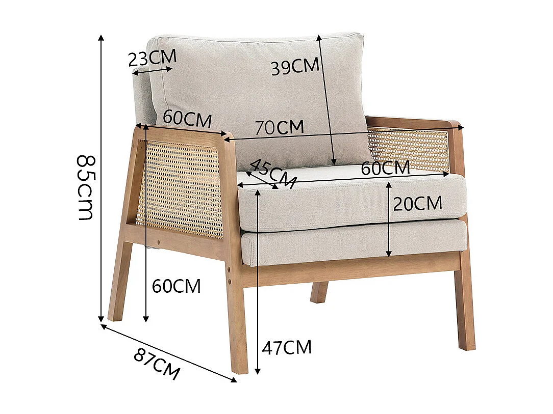 Cushioned Wooden Armchair with Caned Sides - Beige