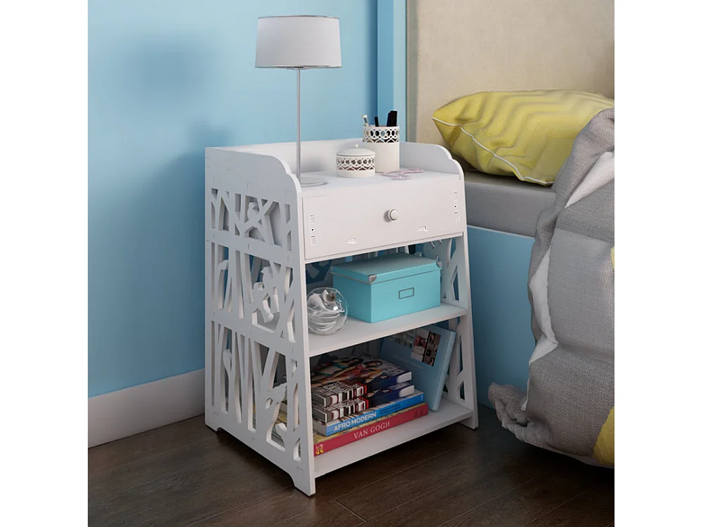 2-Tier White Bedside Table with Hollow Bird Design