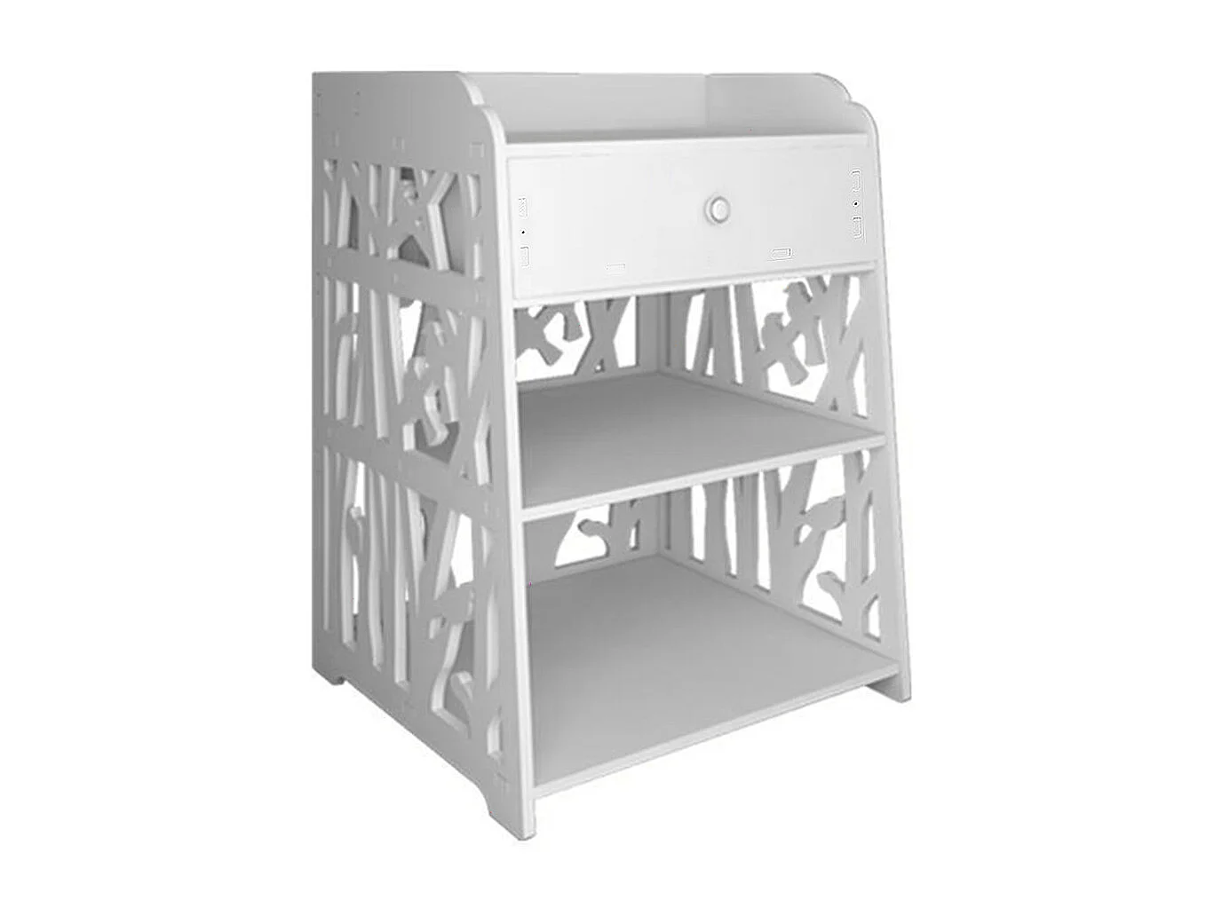 2-Tier White Bedside Table with Hollow Bird Design
