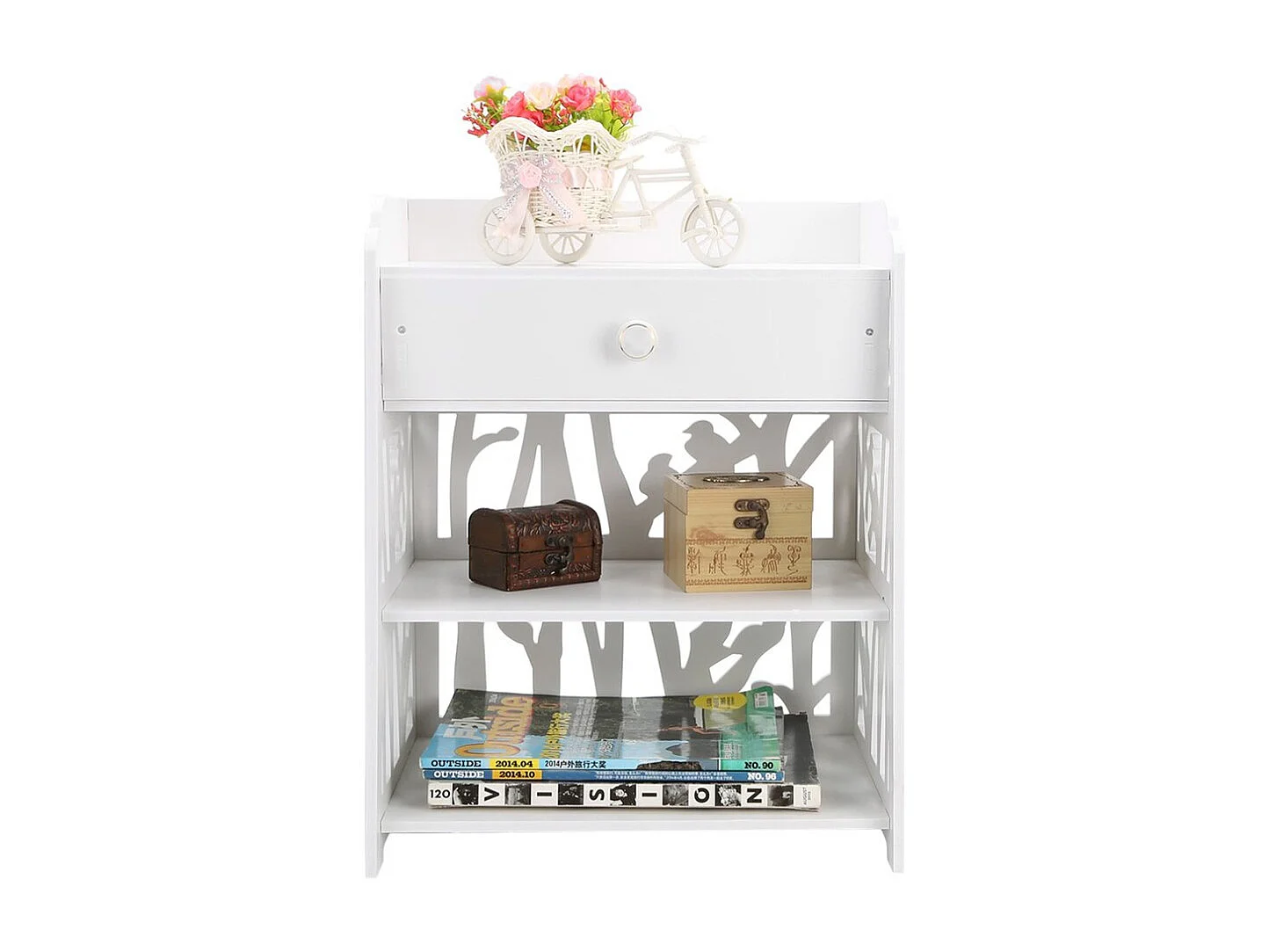2-Tier White Bedside Table with Hollow Bird Design