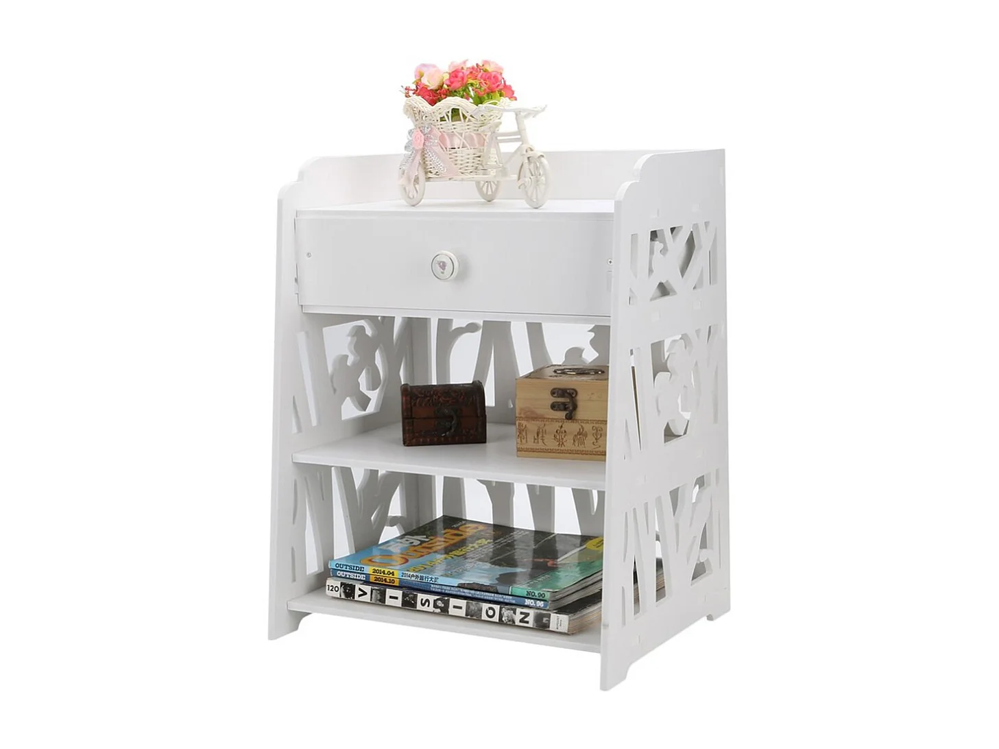 2-Tier White Bedside Table with Hollow Bird Design