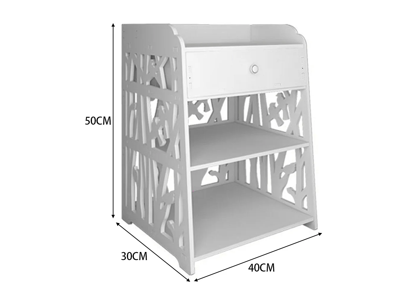 2-Tier White Bedside Table with Hollow Bird Design